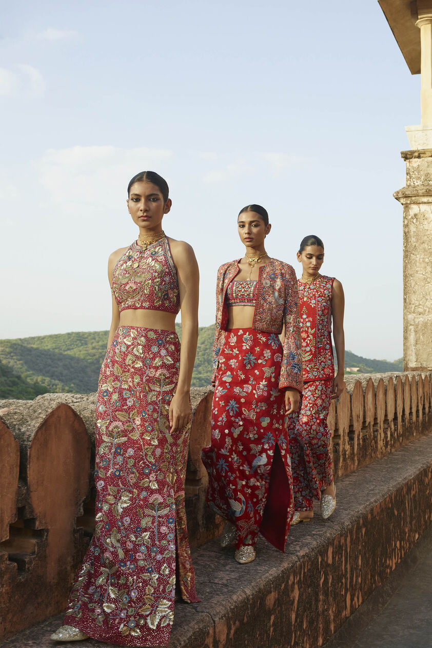 Symphony Of The Wilderness Embroidered Zardozi Silk Skirt Set - Wine, Wine, image 3